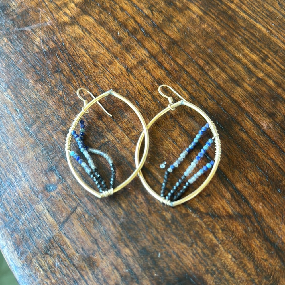 Gold and Blue Beaded Hoop Earrings